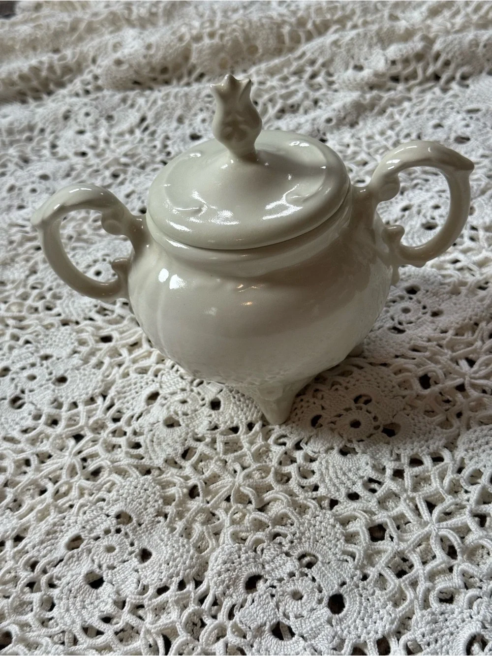 Vintage Cream Porcelain Sugar Bowl with Lid and Handles